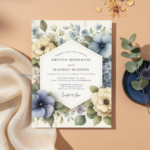 Convite Casamento Romântico Floral Azul Empoeirado