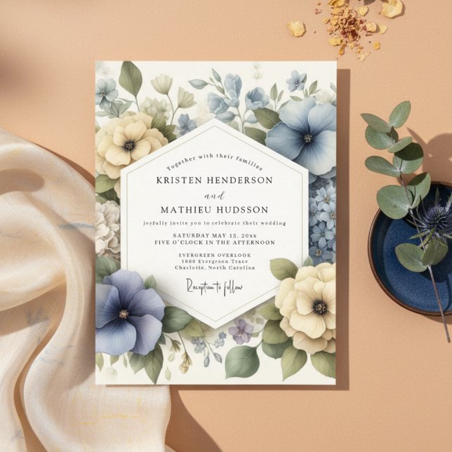 Convite Casamento Romântico Floral Azul Empoeirado (Criador carregado)