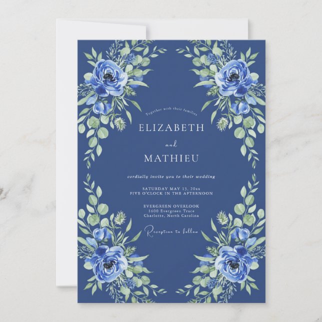 Convite Casamento Romântico Floral Azul Índigo (Frente)