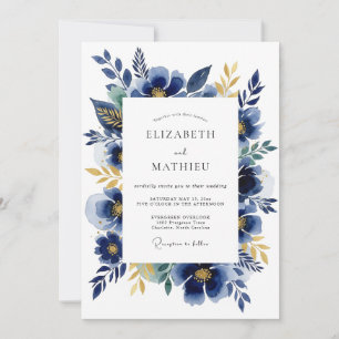 Convite Casamento Romântico Floral Azul Marinho