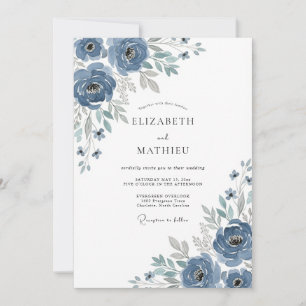 Convite Casamento Romântico Floral Azul Pintado à Mão