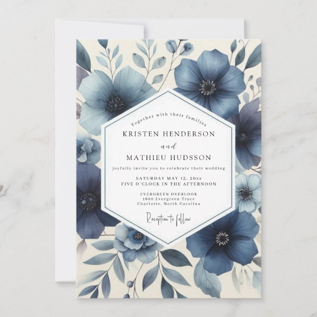 Convite Casamento Romântico Floral Azul Profundo (Frente)