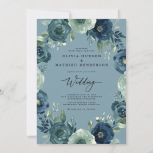 Convite Casamento Romântico Floral Azul Profundo