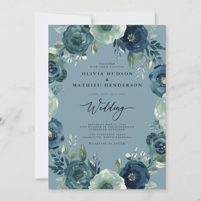 Convite Casamento Romântico Floral Azul Profundo (Frente)