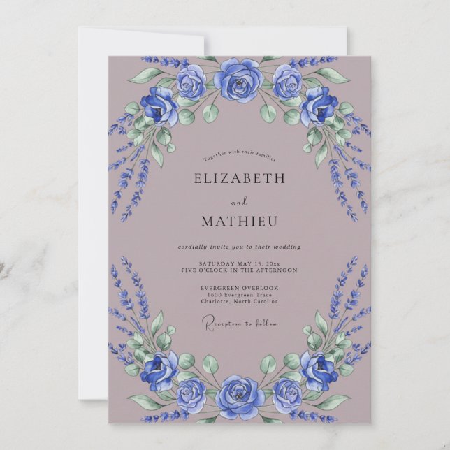 Convite Casamento Romântico Floral Azul Real (Frente)