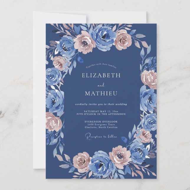 Convite Casamento Romântico Floral Azul Rosa (Frente)