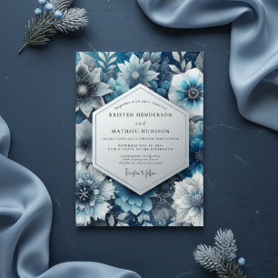 Convite Casamento Romântico Floral Azul Sombrio