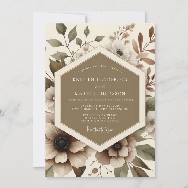 Convite Casamento Romântico Floral Bege (Frente)