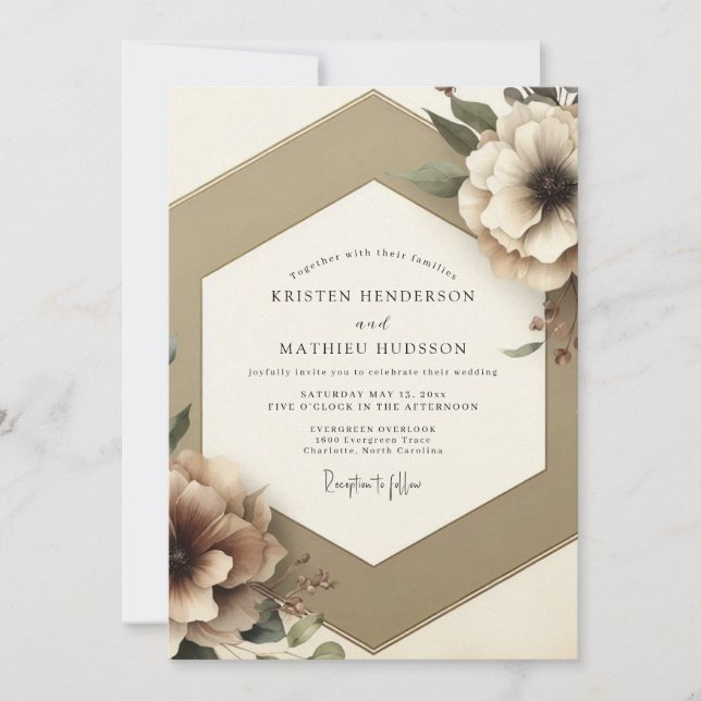 Convite Casamento Romântico Floral Bege (Frente)