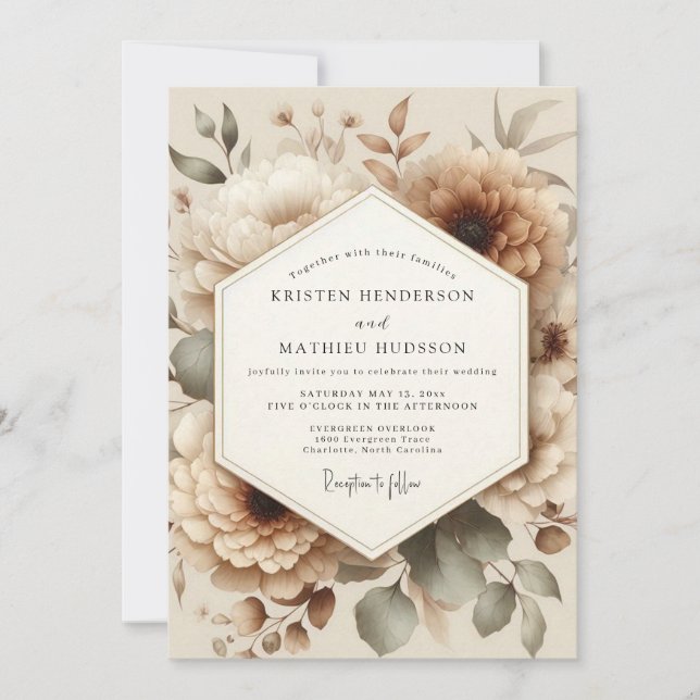 Convite Casamento Romântico Floral Bege (Frente)