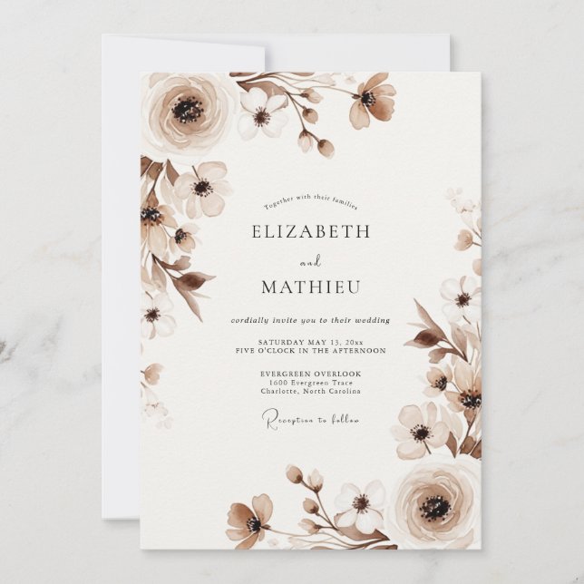 Convite Casamento Romântico Floral Bege (Frente)