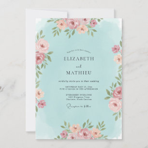 Convite Casamento Romântico Floral Bege Azul