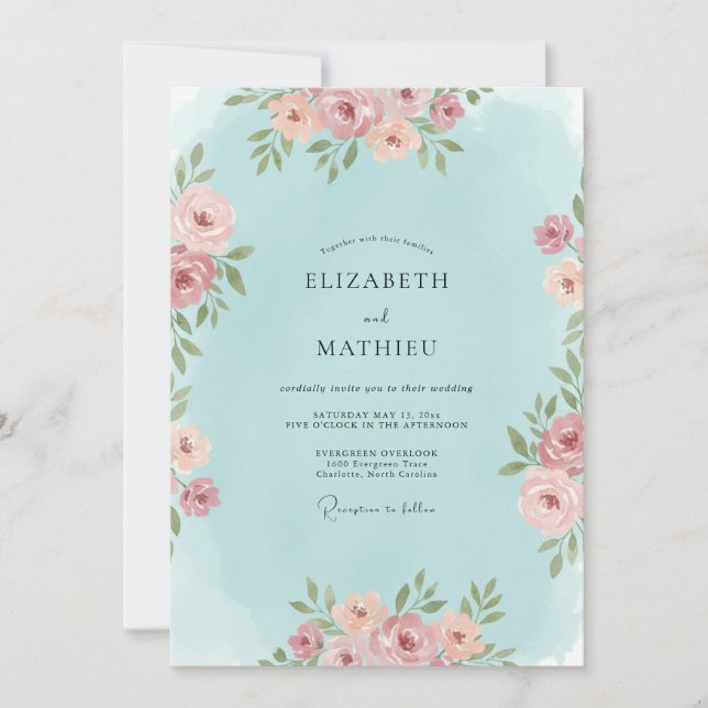 Convite Casamento Romântico Floral Bege Azul (Frente)
