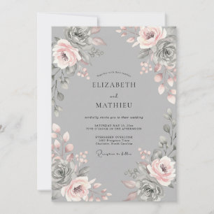 Convite Casamento Romântico Floral Bege Cinza