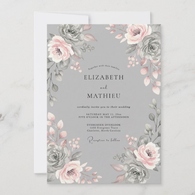 Convite Casamento Romântico Floral Bege Cinza (Frente)