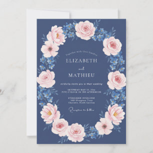 Convite Casamento Romântico Floral Bege Marinho