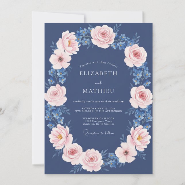 Convite Casamento Romântico Floral Bege Marinho (Frente)