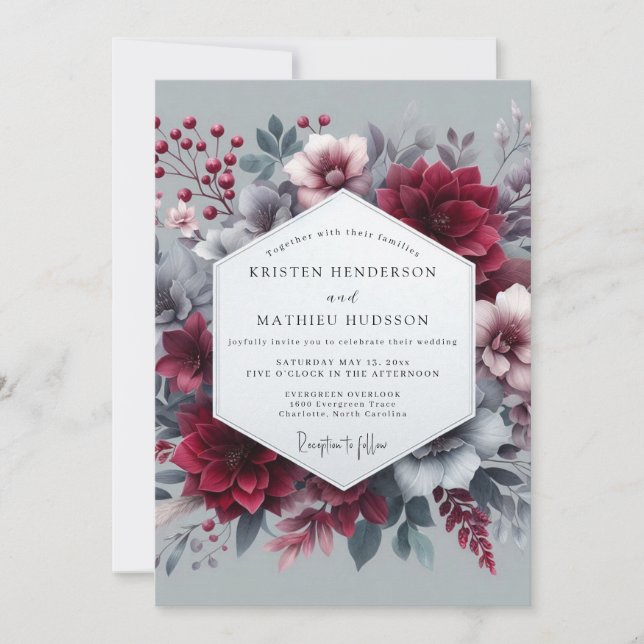 Convite Casamento Romântico Floral Borgonha (Frente)