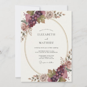 Convite Casamento Romântico Floral Borgonha