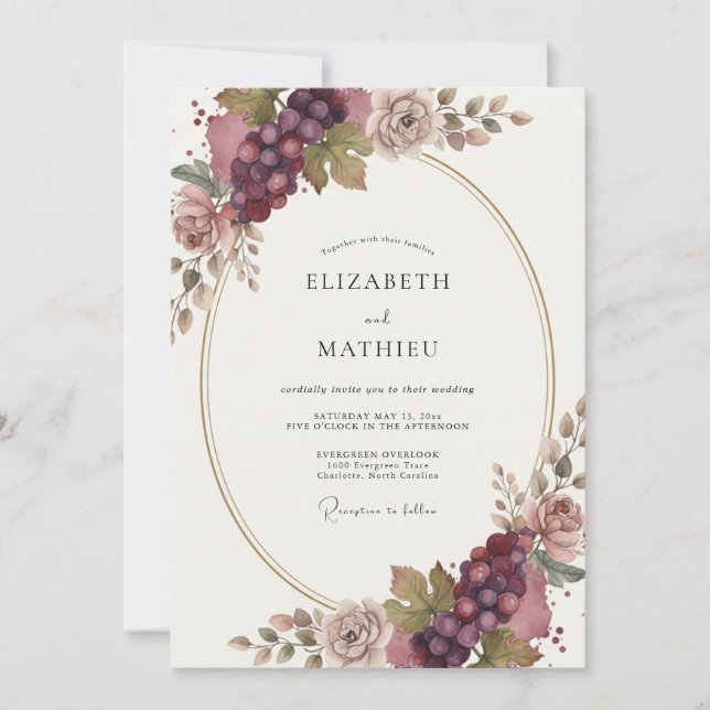 Convite Casamento Romântico Floral Borgonha (Frente)