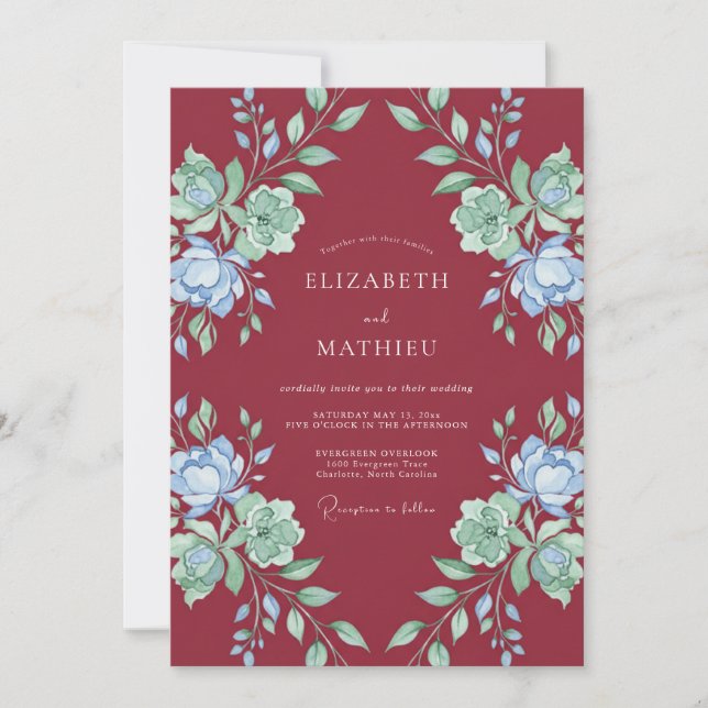Convite Casamento Romântico Floral Borgonha (Frente)