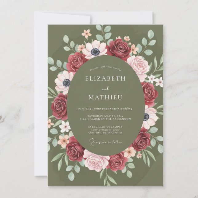 Convite Casamento Romântico Floral Borgonha em Flor (Frente)