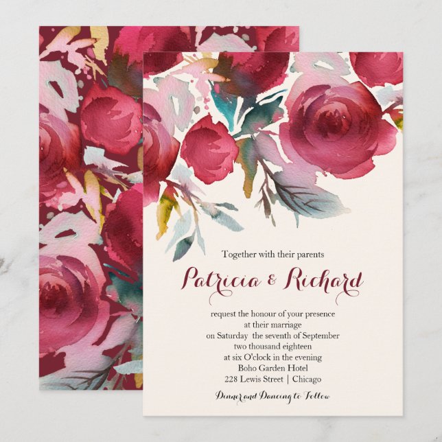 Convite Casamento Romântico Floral Borgonha Marsala (Frente/Verso)