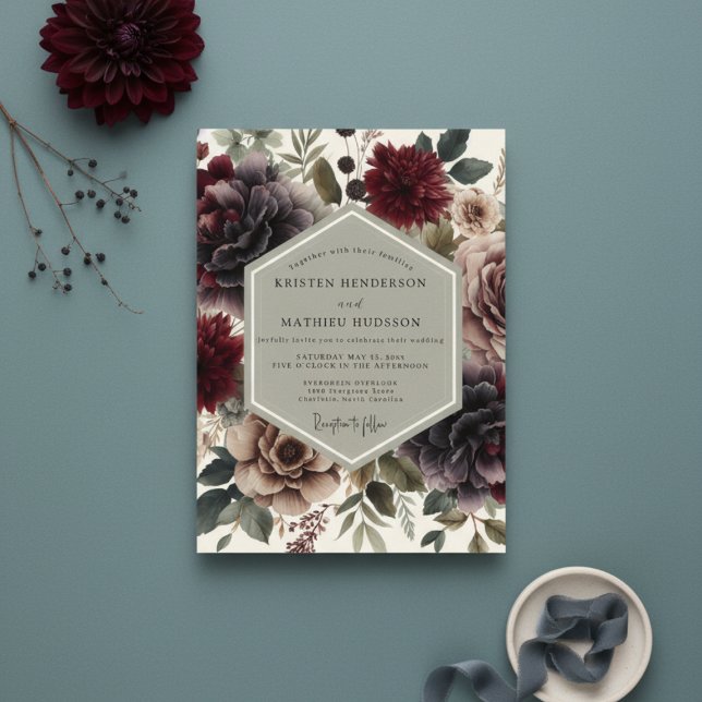 Convite Casamento Romântico Floral Borgonha Temperamental (Criador carregado)