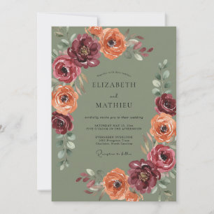 Convite Casamento Romântico Floral Botânico Borgonha