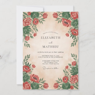 Convite Casamento Romântico Floral Carmesim