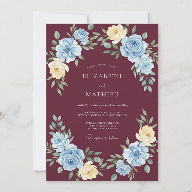 Convite Casamento Romântico Floral Céu Borgonha (Frente)