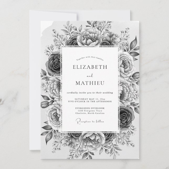 Convite Casamento Romântico Floral Cinza (Frente)