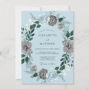 Convite Casamento Romântico Floral Cinza Azul