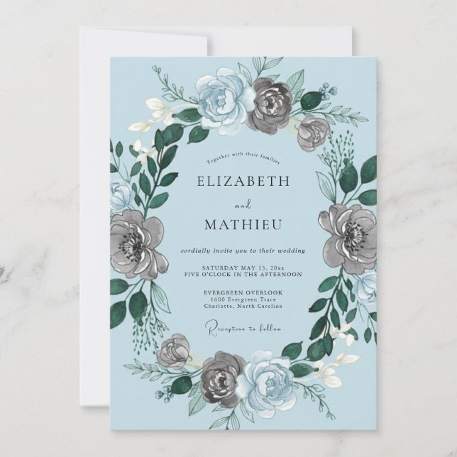 Convite Casamento Romântico Floral Cinza Azul (Frente)