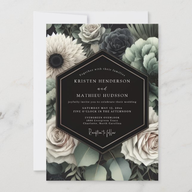 Convite Casamento Romântico Floral Cinza Sombrio (Frente)
