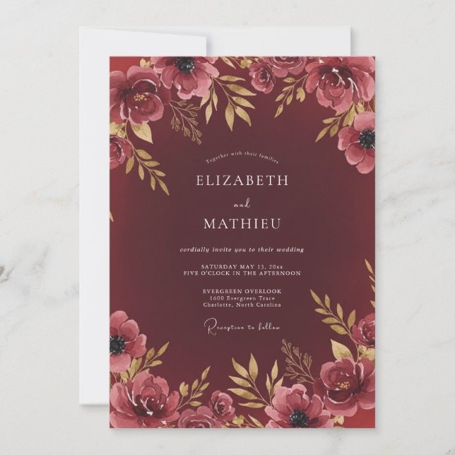 Convite Casamento Romântico Floral com Aquarela Bege (Frente)