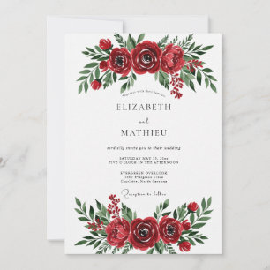Convite Casamento Romântico Floral com Aquarela Carmesim