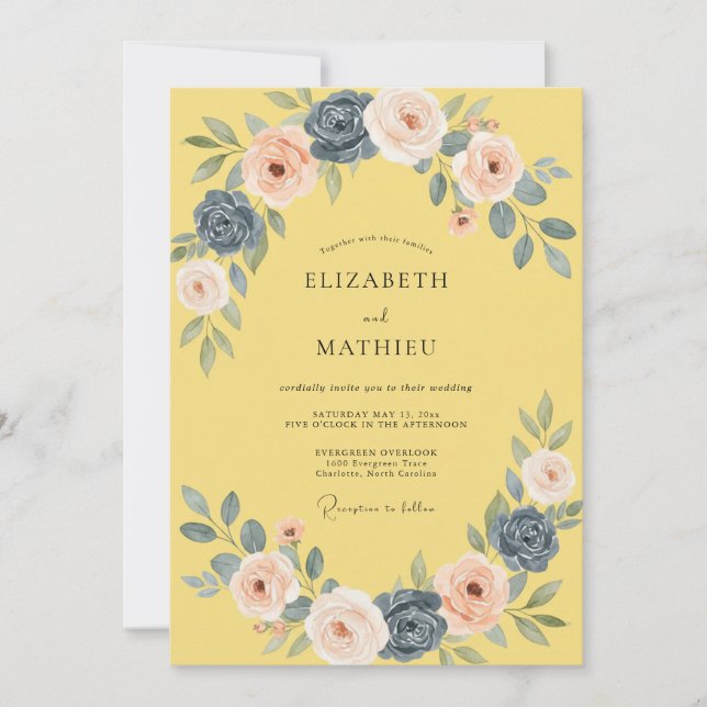 Convite Casamento Romântico Floral com Rubor Amarelo (Frente)