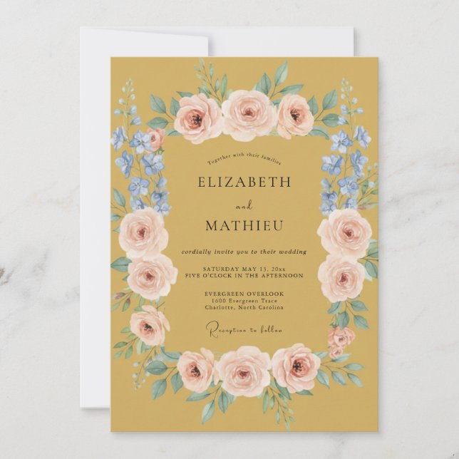 Convite Casamento Romântico Floral com Rubor Dourado (Frente)
