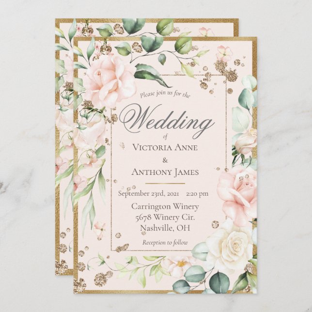 Convite Casamento Romântico Floral Cor-de-rosa (Frente/Verso)