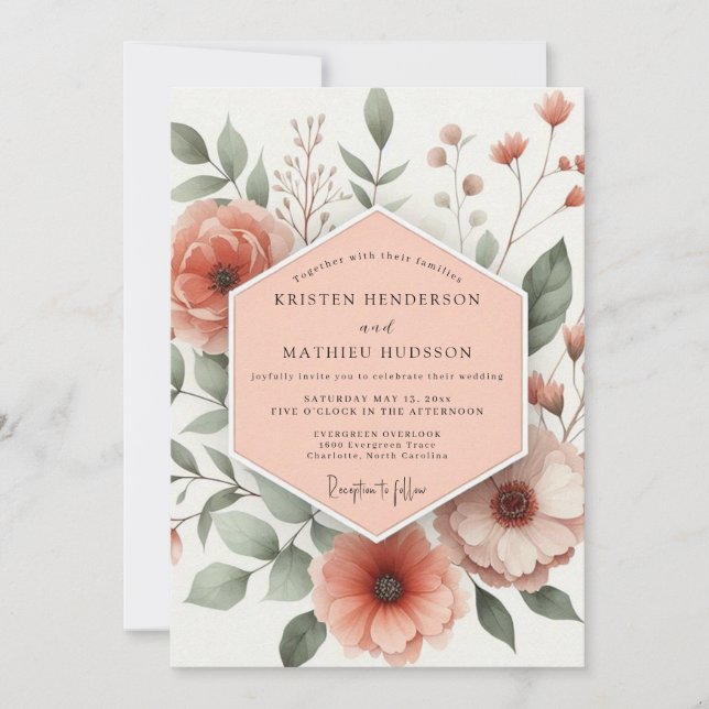 Convite Casamento Romântico Floral Coral (Frente)