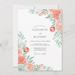 Convite Casamento Romântico Floral Coral