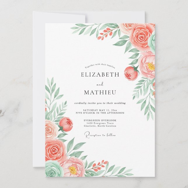 Convite Casamento Romântico Floral Coral (Frente)