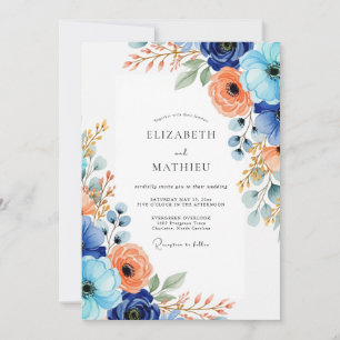 Convite Casamento Romântico Floral Coral Azul