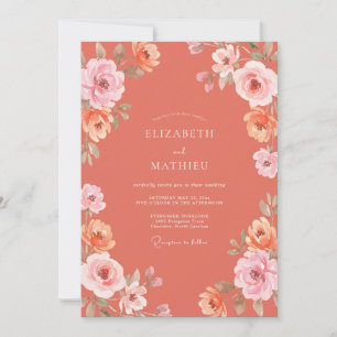 Convite Casamento Romântico Floral Coral Pintado à Mão