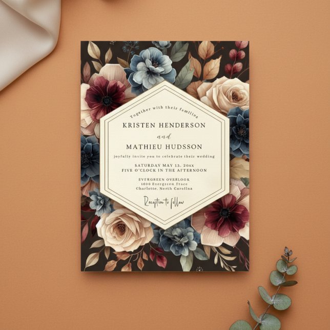 Convite Casamento Romântico Floral da Floresta em Borgonha (Criador carregado)