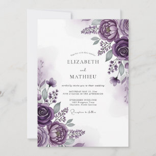 Convite Casamento Romântico Floral de Ameixa Pintado à Mão