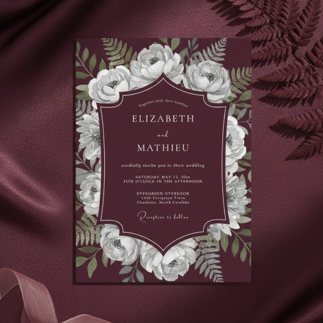 Convite Casamento Romântico Floral de Borgonha (Criador carregado)