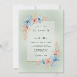 Convite Casamento Romântico Floral de Coral Azul Celeste