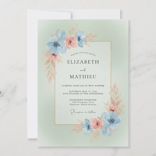 Convite Casamento Romântico Floral de Coral Azul Celeste (Frente)